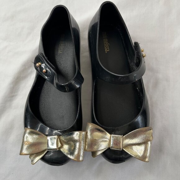 Mini Melissa Black Gold Bow Jelly Maryjane Flats Kids Size 12 Eu 30 - Picture 7 of 11